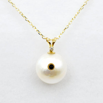14K Gold Pearl Sapphire Diamond Pendant Necklace, 14K Yellow Gold Pendant set with 12mm Mabe Pearl Genuine Blue Sapphire and Natural Diamond