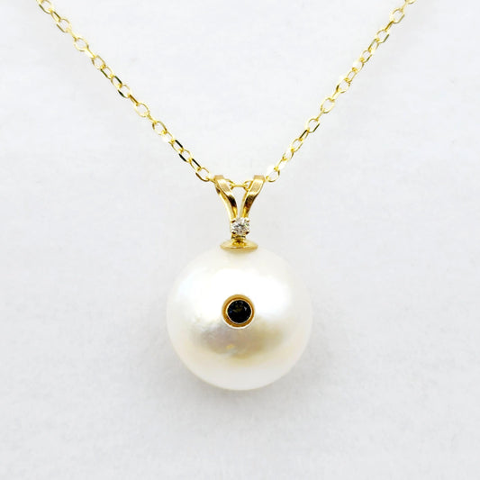 14K Gold Pearl Sapphire Diamond Pendant Necklace, 14K Yellow Gold Pendant set with 12mm Mabe Pearl Genuine Blue Sapphire and Natural Diamond