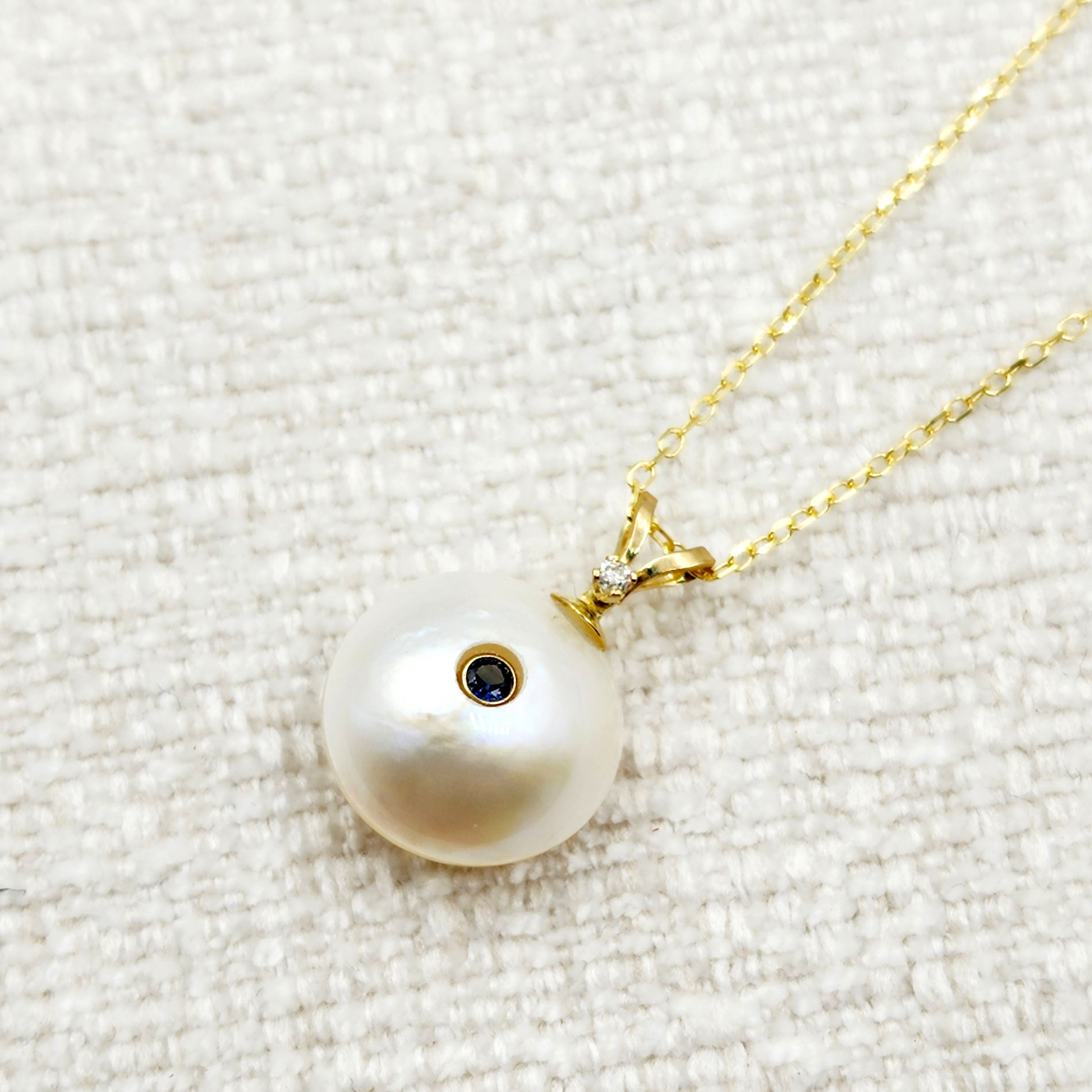 14K Gold Pearl Sapphire Diamond Pendant Necklace, 14K Yellow Gold Pendant set with 12mm Mabe Pearl Genuine Blue Sapphire and Natural Diamond