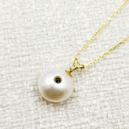 14K Gold Pearl Sapphire Diamond Pendant Necklace, 14K Yellow Gold Pendant set with 12mm Mabe Pearl Genuine Blue Sapphire and Natural Diamond