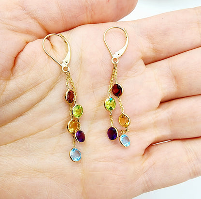 14K Gold Drop Genuine Gemstone Earrings, 5mm Natural Garnet, Peridot, Citrine, Blue Topaz, and Amethyst Earrings For Women