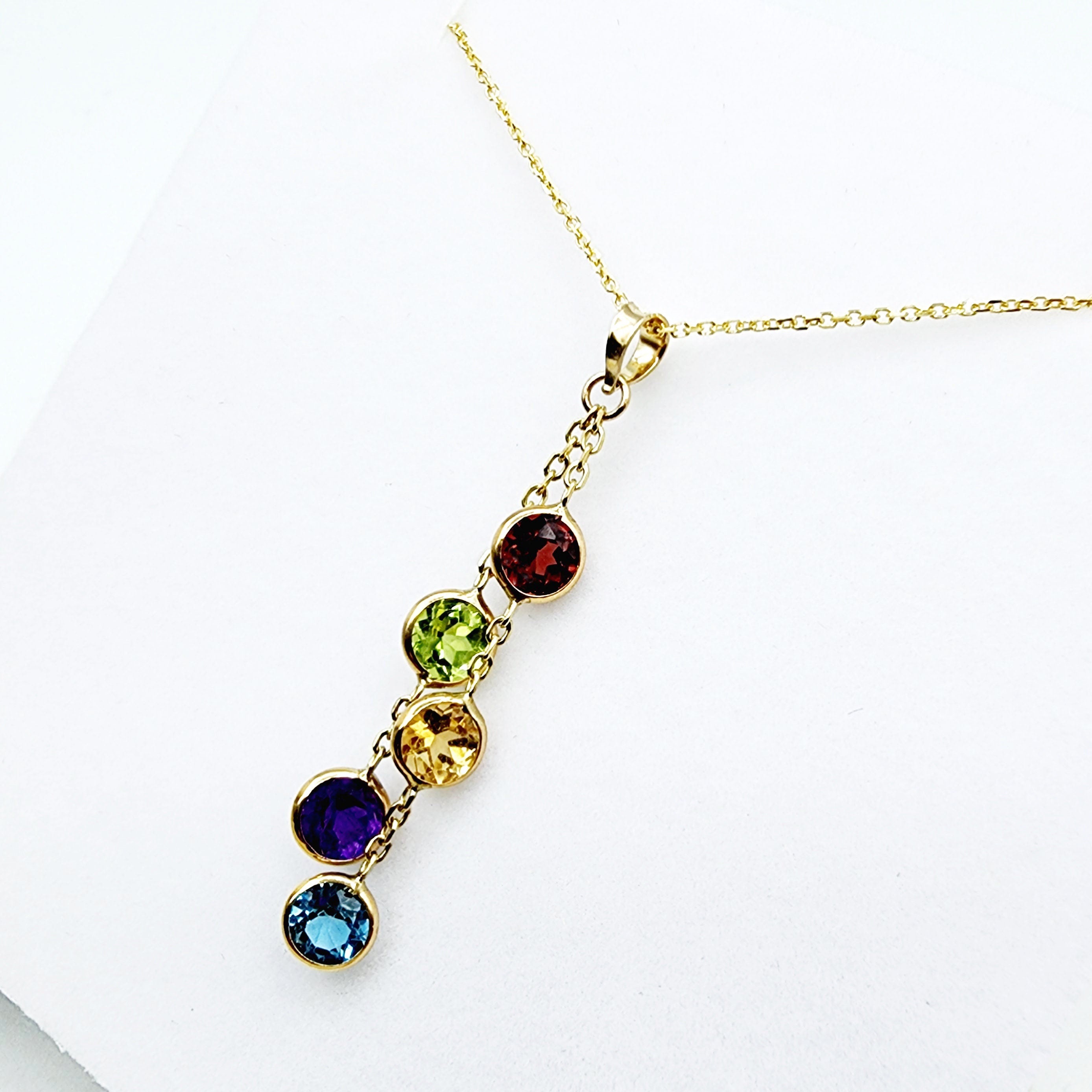 14K Gold Genuine Gemstone Pendant Necklace, 5mm Garnet, Peridot, Citrine, Blue Topaz, Amethyst Pendant For Women, Multi Color Stone Jewelry
