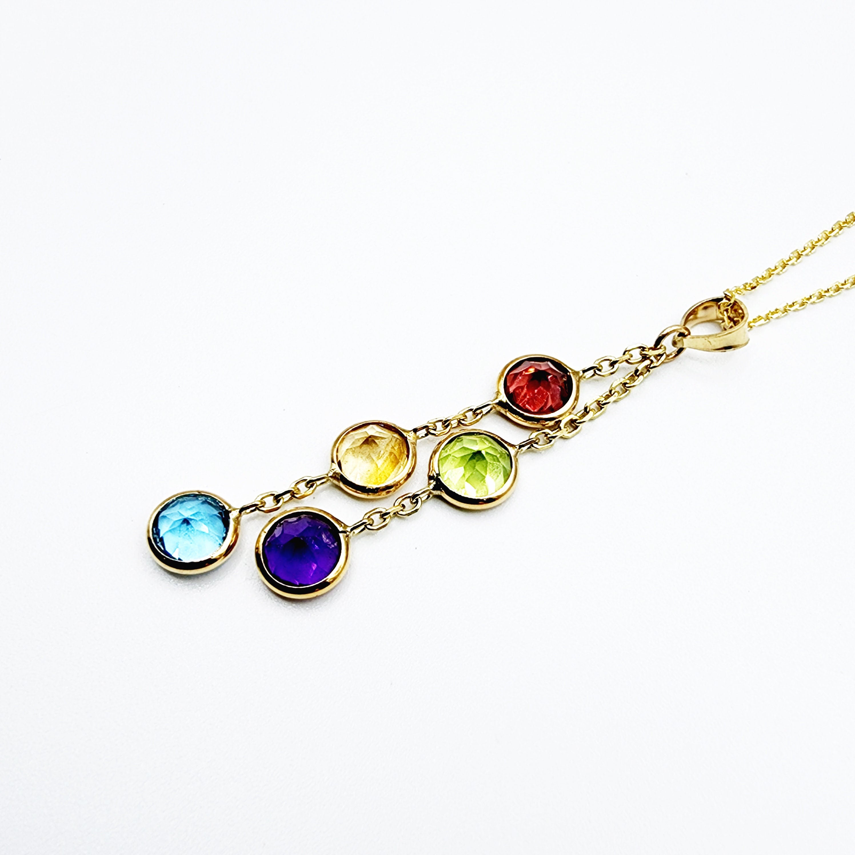 14K Gold Genuine Gemstone Pendant Necklace, 5mm Garnet, Peridot, Citrine, Blue Topaz, Amethyst Pendant For Women, Multi Color Stone Jewelry