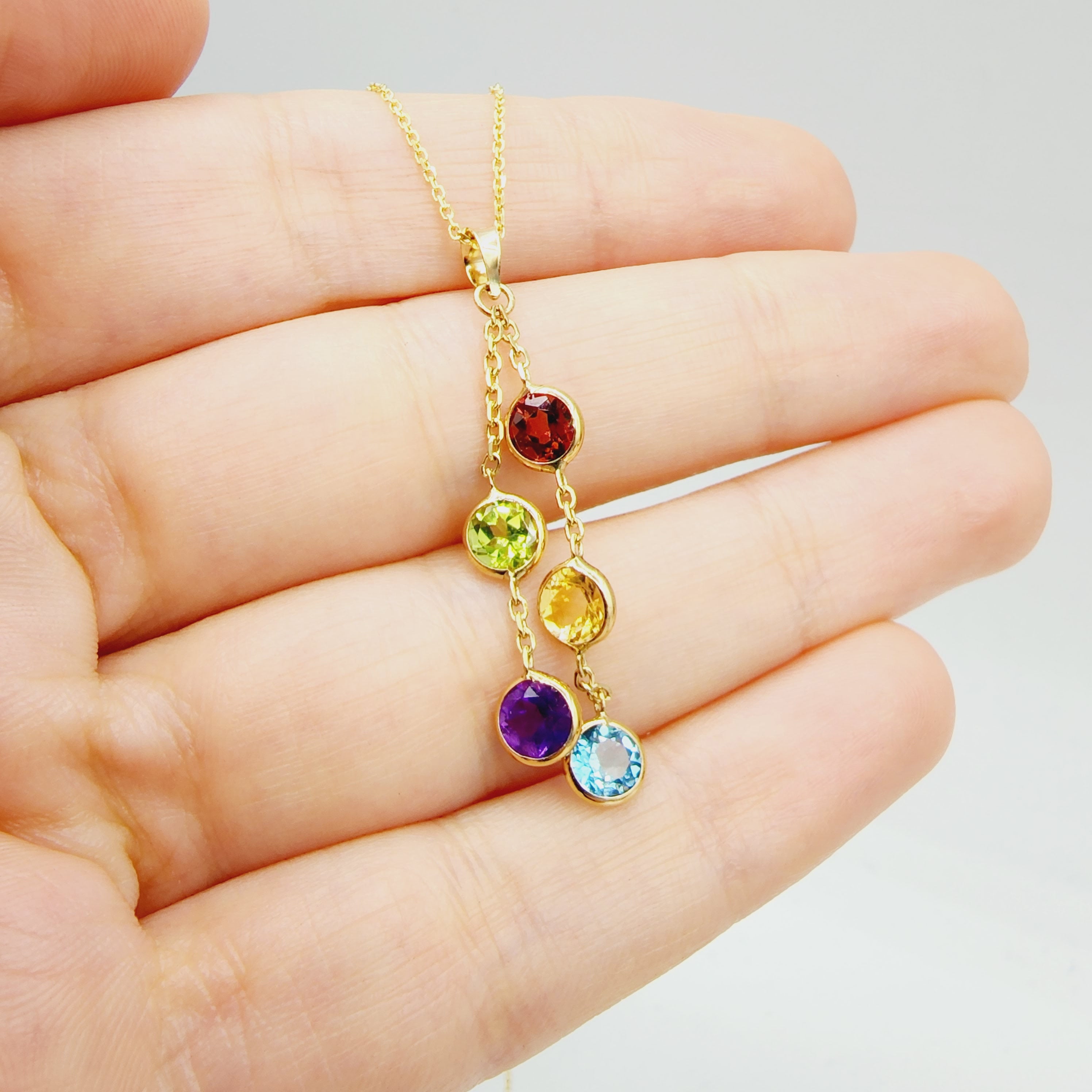 14K Gold Genuine Gemstone Pendant Necklace, 5mm Garnet, Peridot, Citrine, Blue Topaz, Amethyst Pendant For Women, Multi Color Stone Jewelry