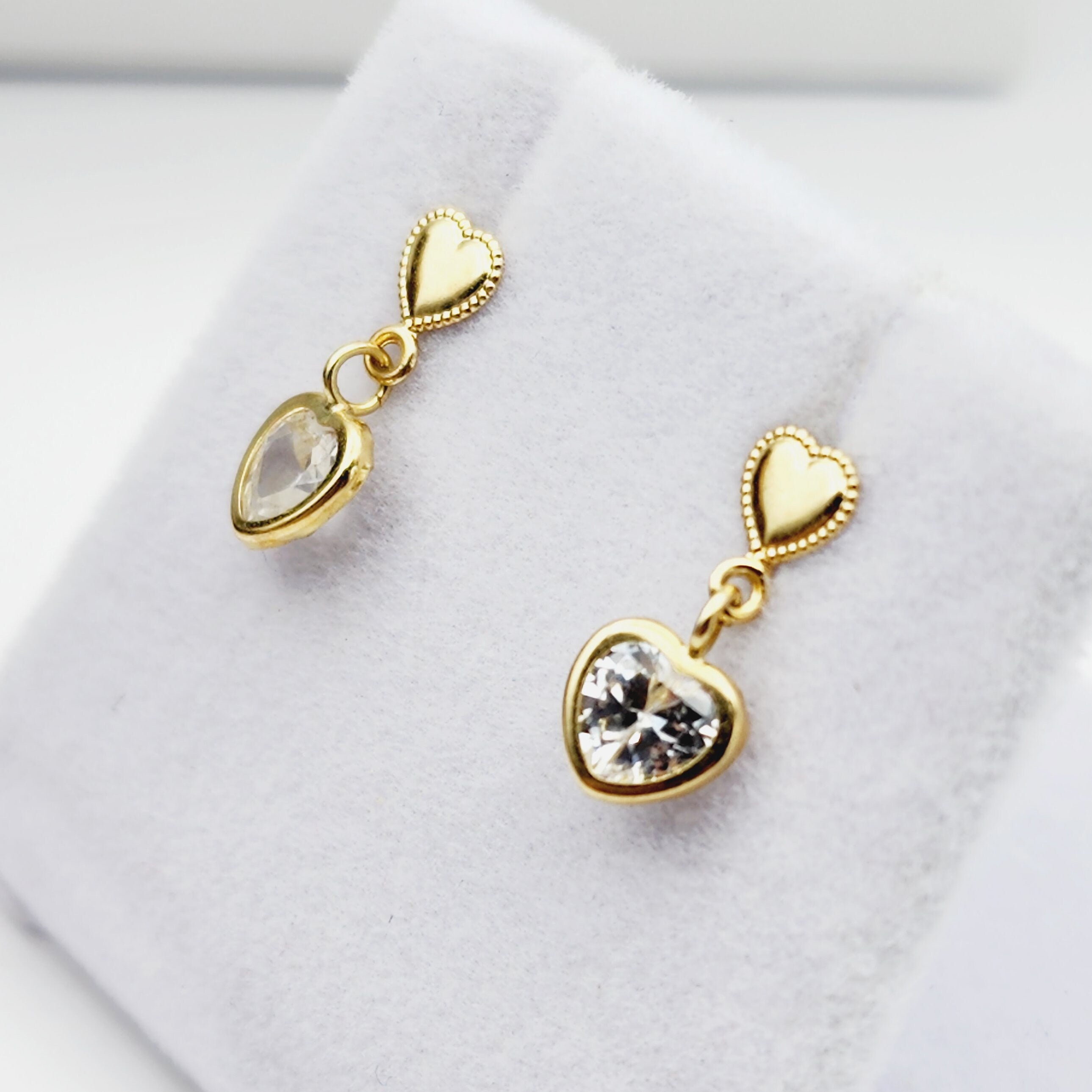 Gold CZ Earrings, 14K Yellow Gold Cubic Zirconia Earrings, Earrings For Her, Heart Shaped Gold CZ Earrings, Earrings For Baby