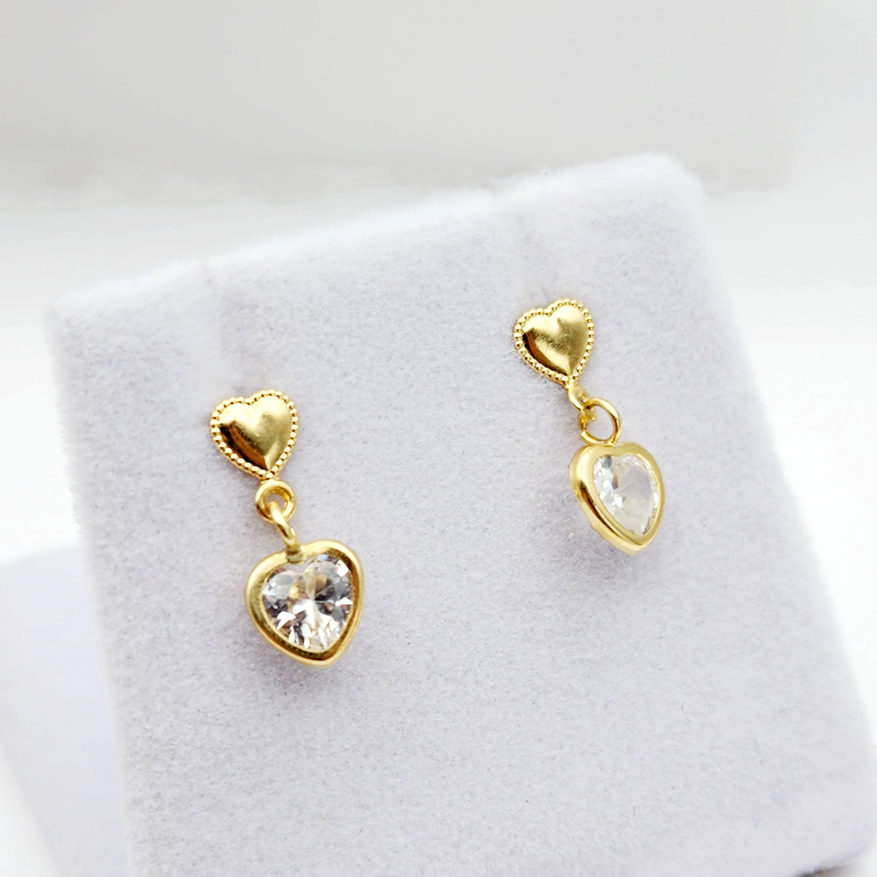 Gold CZ Earrings, 14K Yellow Gold Cubic Zirconia Earrings, Earrings For Her, Heart Shaped Gold CZ Earrings, Earrings For Baby
