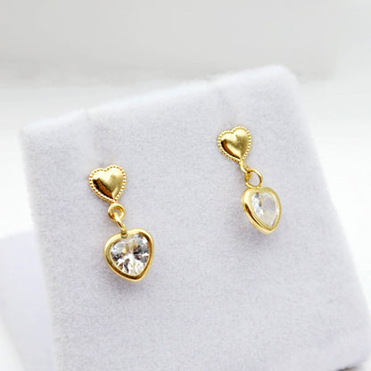 Gold CZ Earrings, 14K Yellow Gold Cubic Zirconia Earrings, Earrings For Her, Heart Shaped Gold CZ Earrings, Earrings For Baby