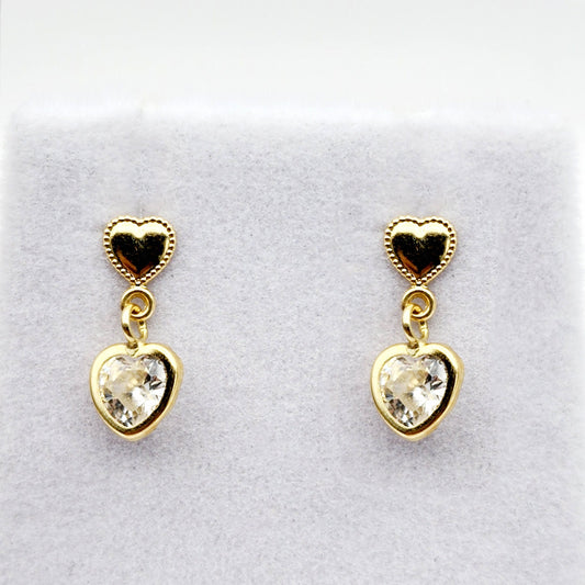 Gold CZ Earrings, 14K Yellow Gold Cubic Zirconia Earrings, Earrings For Her, Heart Shaped Gold CZ Earrings, Earrings For Baby