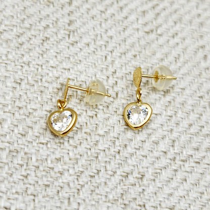Gold CZ Earrings, 14K Yellow Gold Cubic Zirconia Earrings, Earrings For Her, Heart Shaped Gold CZ Earrings, Earrings For Baby