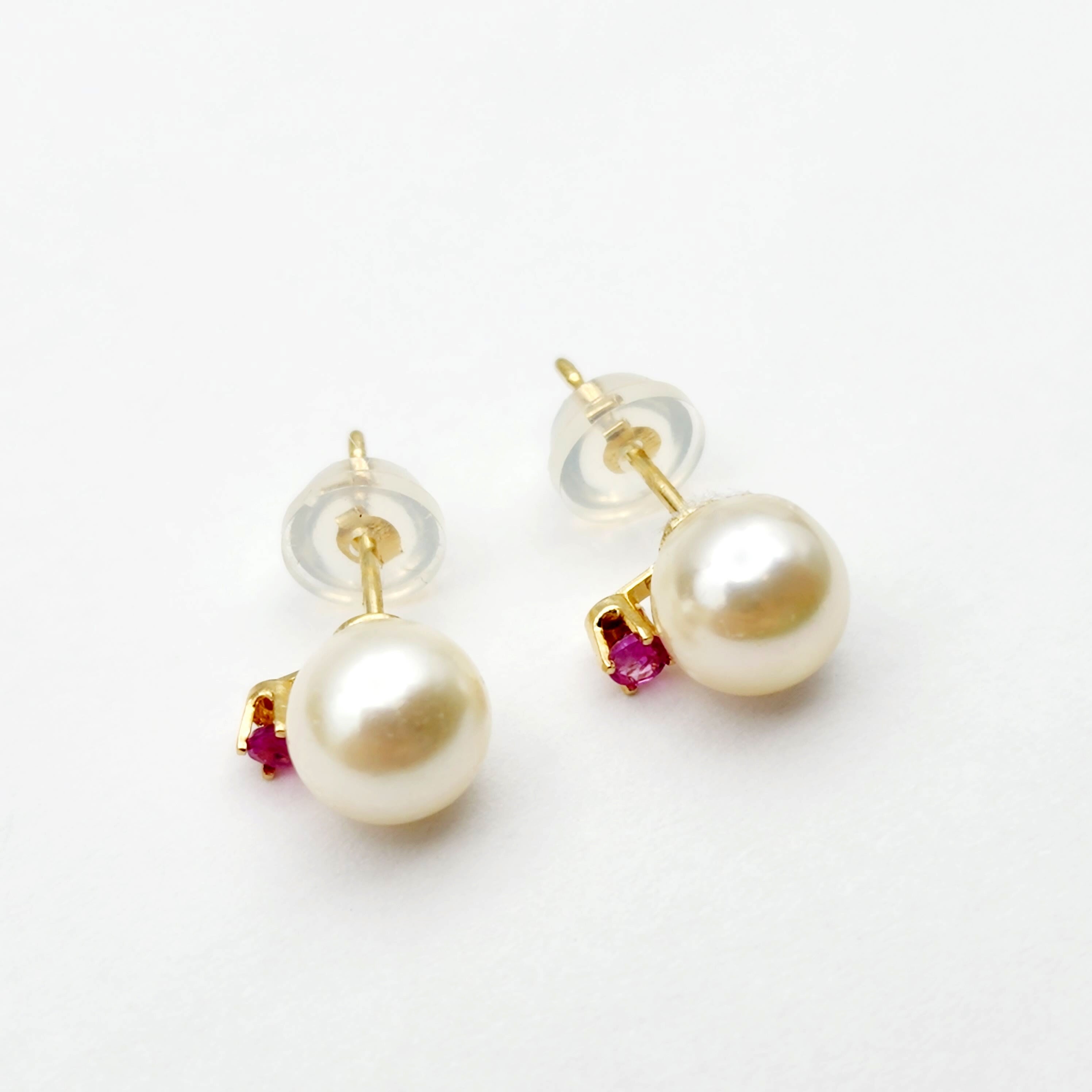 Gold Pearl and Ruby Stud Earrings , 14K Yellow Gold Genuine Pearl 7.5mm with Ruby Stud Earrings, June Birthstone, Pearl Studs For Brides