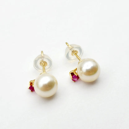 Gold Pearl and Ruby Stud Earrings , 14K Yellow Gold Genuine Pearl 7.5mm with Ruby Stud Earrings, June Birthstone, Pearl Studs For Brides