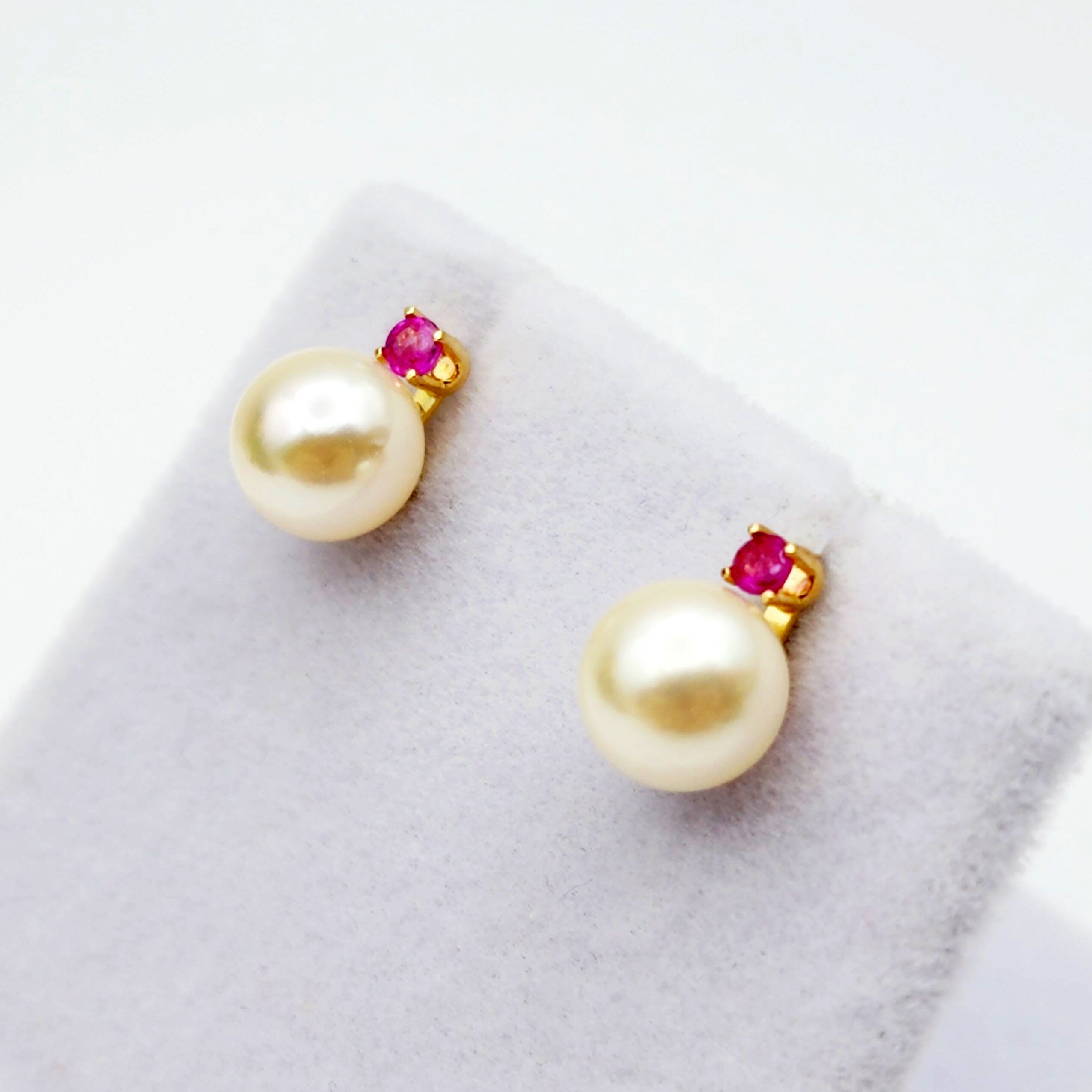 Gold Pearl and Ruby Stud Earrings , 14K Yellow Gold Genuine Pearl 7.5mm with Ruby Stud Earrings, June Birthstone, Pearl Studs For Brides
