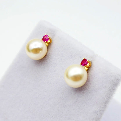Gold Pearl and Ruby Stud Earrings , 14K Yellow Gold Genuine Pearl 7.5mm with Ruby Stud Earrings, June Birthstone, Pearl Studs For Brides