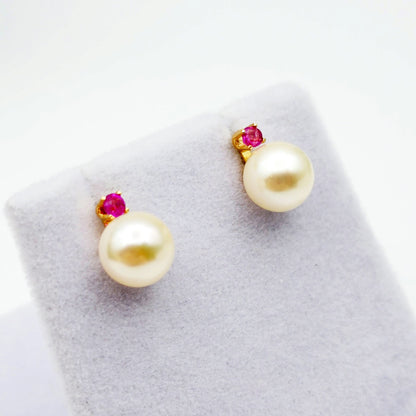 Gold Pearl and Ruby Stud Earrings , 14K Yellow Gold Genuine Pearl 7.5mm with Ruby Stud Earrings, June Birthstone, Pearl Studs For Brides