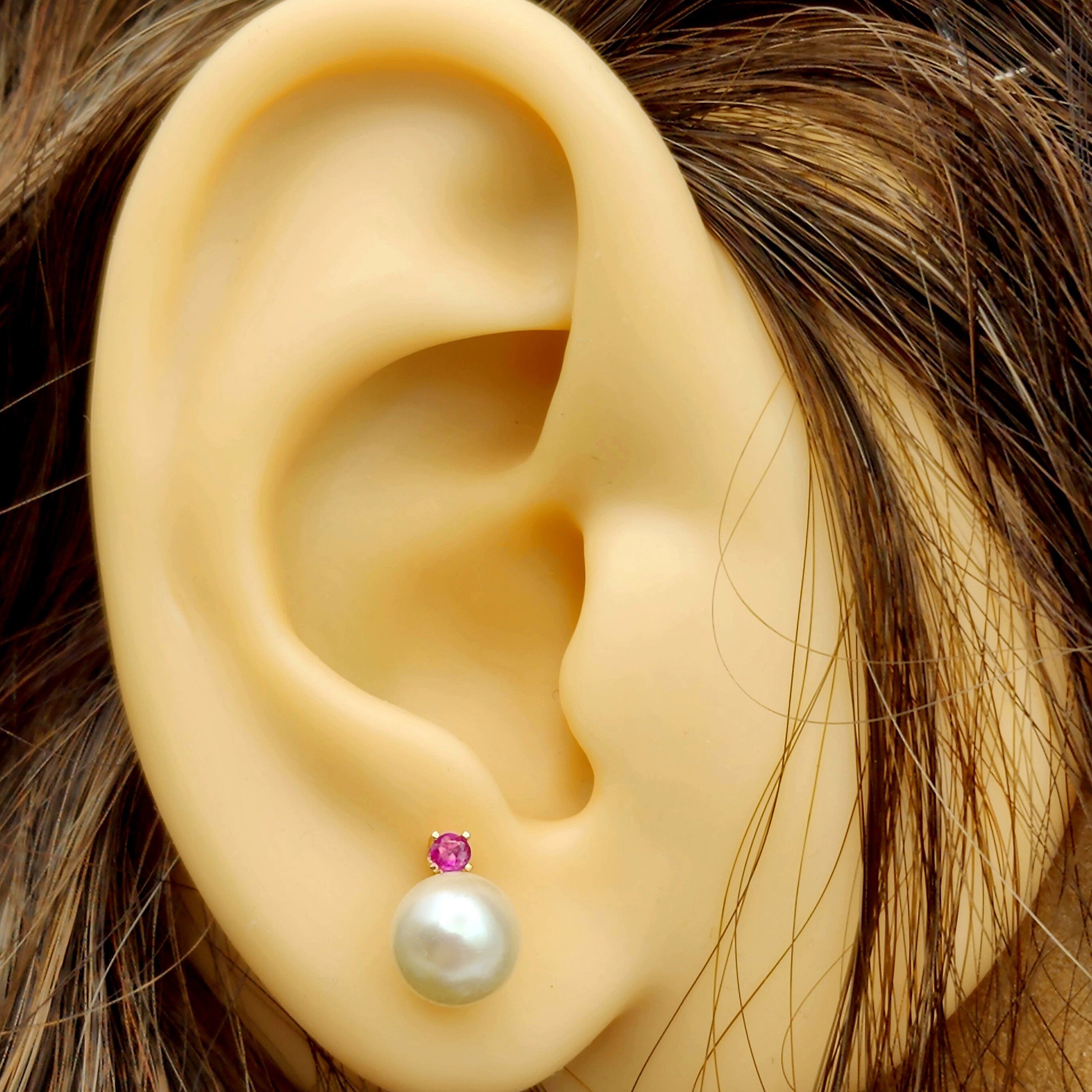 Gold Pearl and Ruby Stud Earrings , 14K Yellow Gold Genuine Pearl 7.5mm with Ruby Stud Earrings, June Birthstone, Pearl Studs For Brides