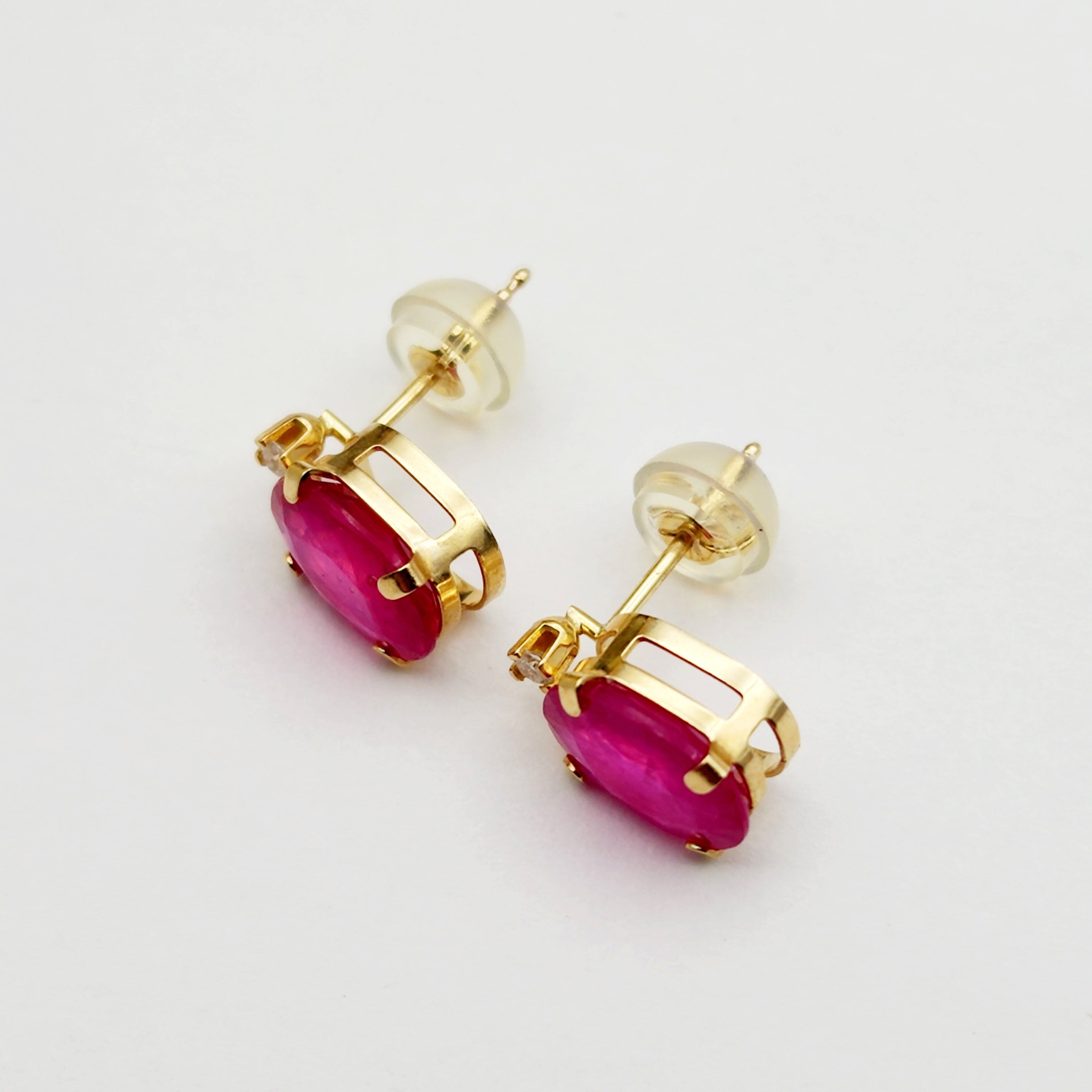 Gold Ruby Stud Earrings , 10K Yellow Gold Oval Ruby 8x6mm with Diamond Stud Earrings, July Birthstone, Big Gemstone Earrings For Women