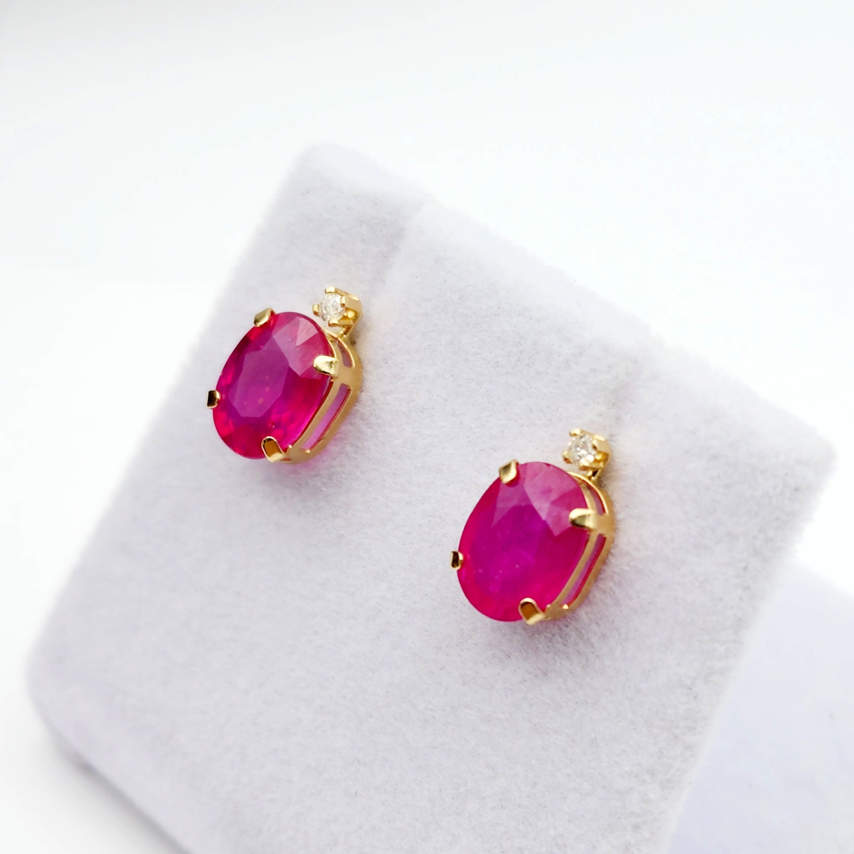 Gold Ruby Stud Earrings , 10K Yellow Gold Oval Ruby 8x6mm with Diamond Stud Earrings, July Birthstone, Big Gemstone Earrings For Women
