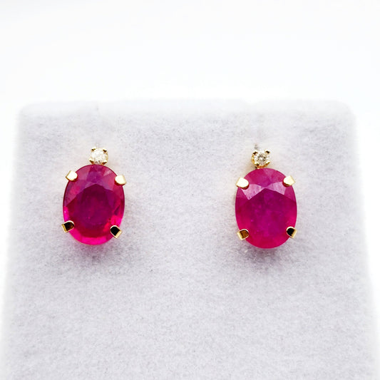 Gold Ruby Stud Earrings , 10K Yellow Gold Oval Ruby 8x6mm with Diamond Stud Earrings, July Birthstone, Big Gemstone Earrings For Women