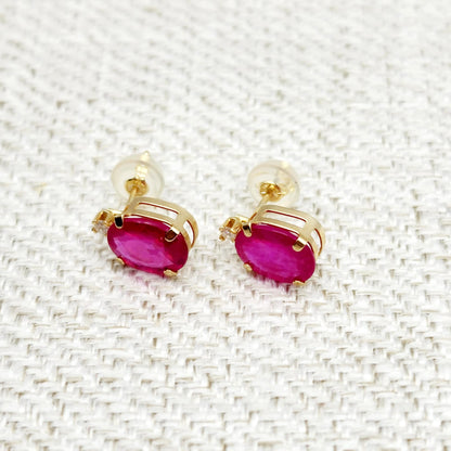 Gold Ruby Stud Earrings , 10K Yellow Gold Oval Ruby 8x6mm with Diamond Stud Earrings, July Birthstone, Big Gemstone Earrings For Women