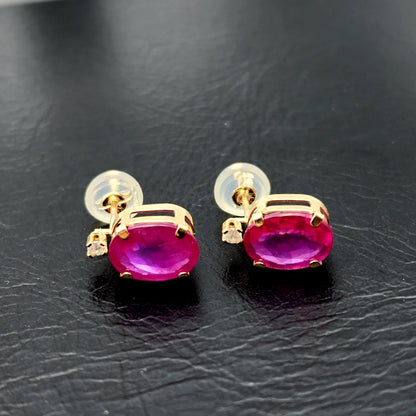 Gold Ruby Stud Earrings , 10K Yellow Gold Oval Ruby 8x6mm with Diamond Stud Earrings, July Birthstone, Big Gemstone Earrings For Women