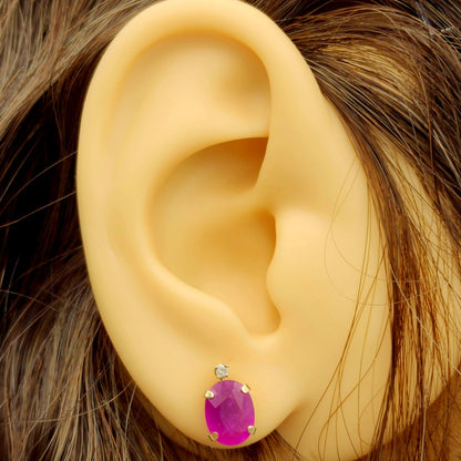 10K Yellow Gold Oval Ruby Stud Earrings with Diamond, 8x6mm Stone , Special Occasion Gift