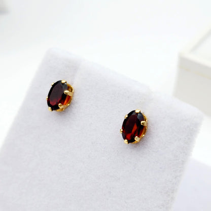 Gold Garnet Earrings, 14K Yellow Gold Genuine Garnet 6x4mm Stud Earrings, Earrings For Her, Gift For Women, January Birthstone