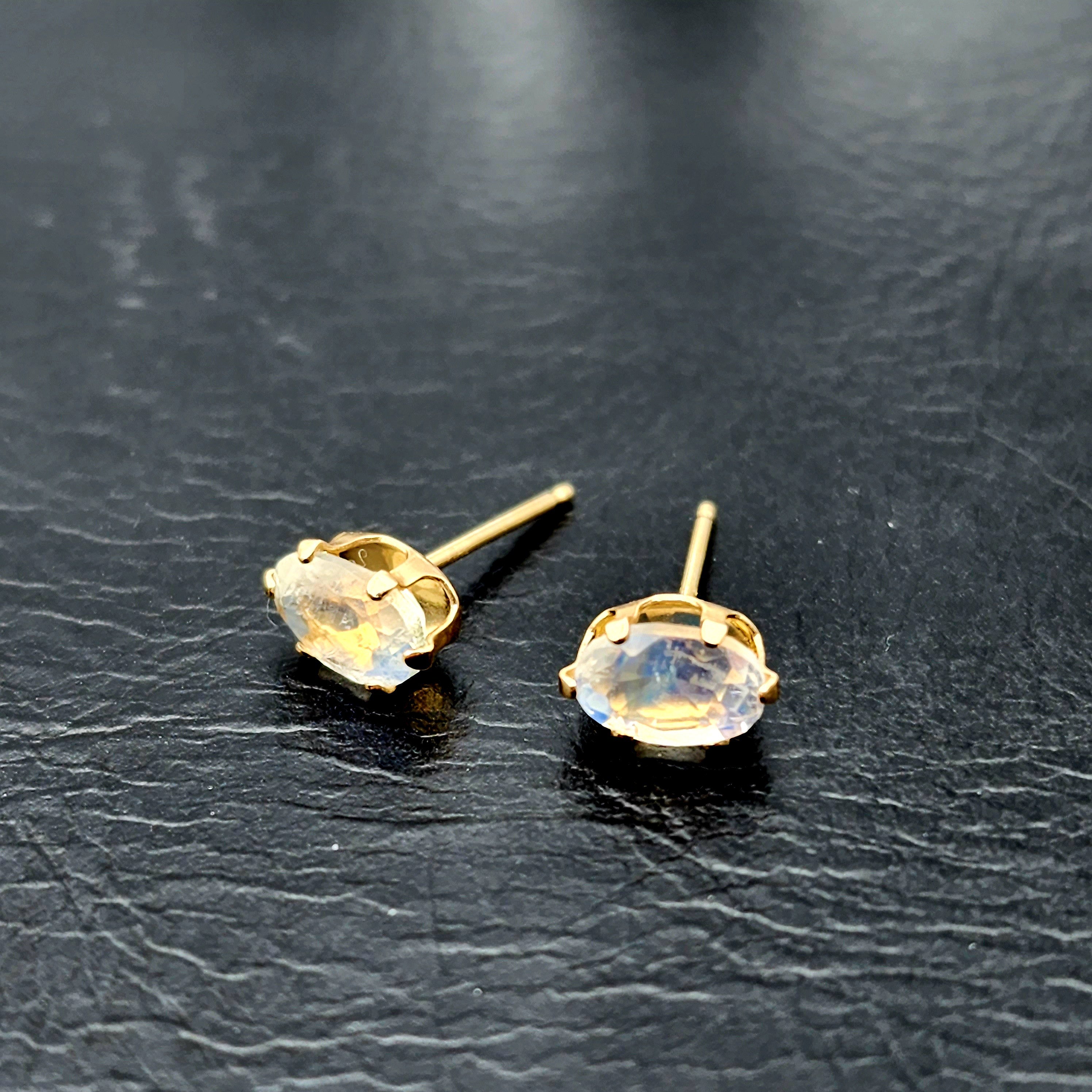 Moonstone Stud Earrings | 10K Yellow Gold Natural Moonstone 6X4mm Stud Earrings