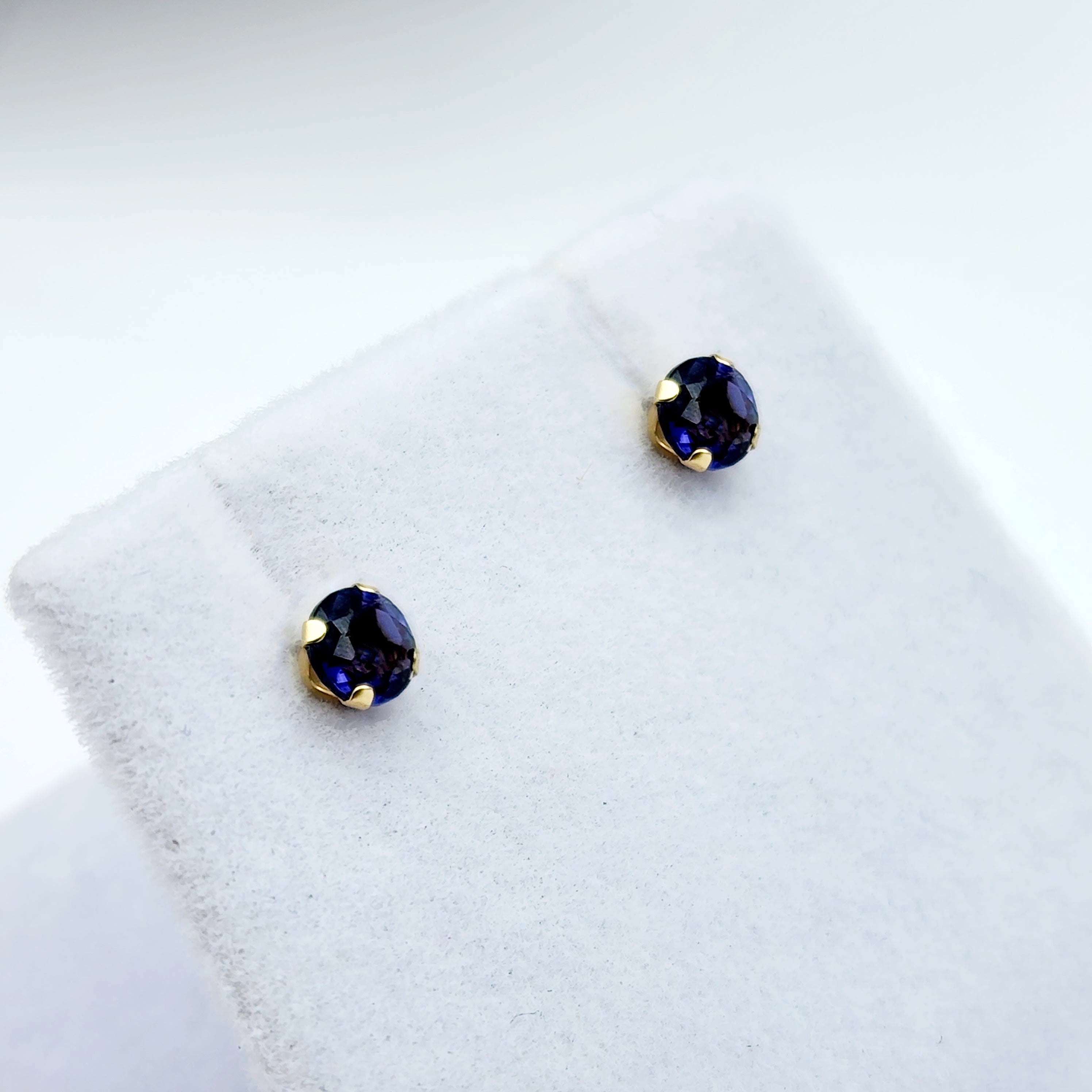 Gold Iolite Stud Earrings,  14K Yellow Gold Iolite 4x4mm Stud Earrings, Handmade Earrings, Blue Gemstone Earrings For Her