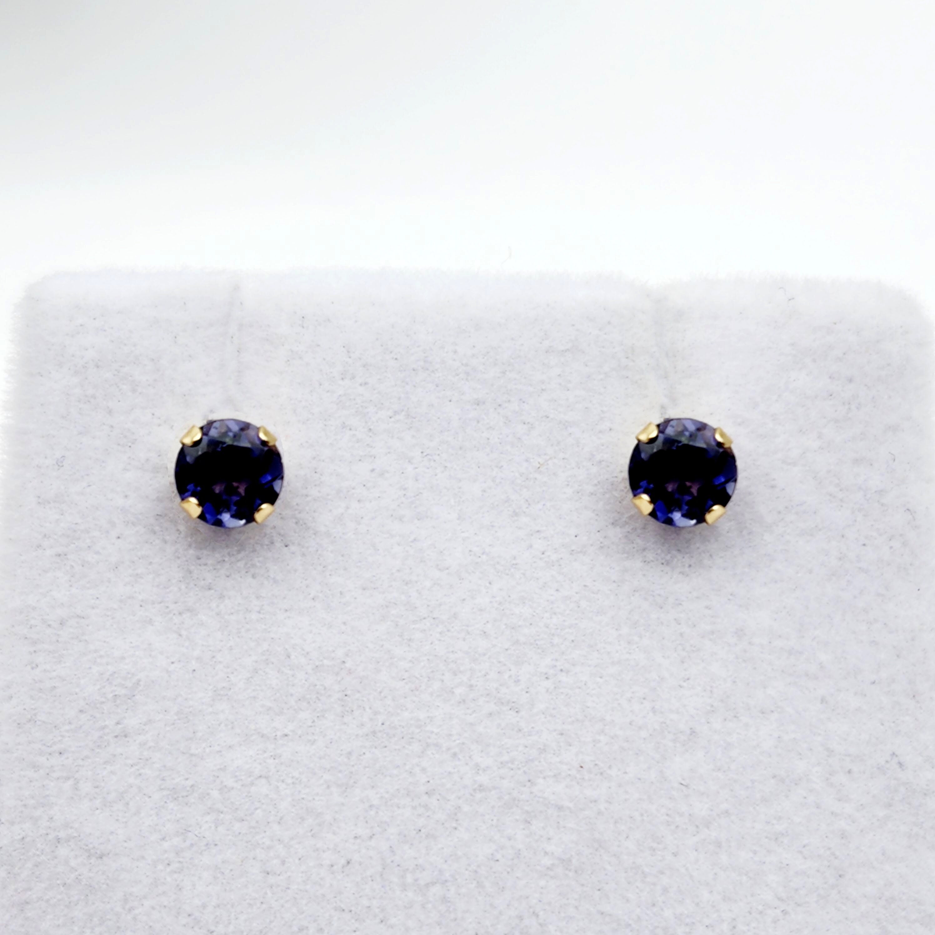 Gold Iolite Stud Earrings,  14K Yellow Gold Iolite 4x4mm Stud Earrings, Handmade Earrings, Blue Gemstone Earrings For Her