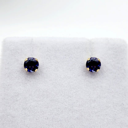Gold Iolite Stud Earrings,  14K Yellow Gold Iolite 4x4mm Stud Earrings, Handmade Earrings, Blue Gemstone Earrings For Her