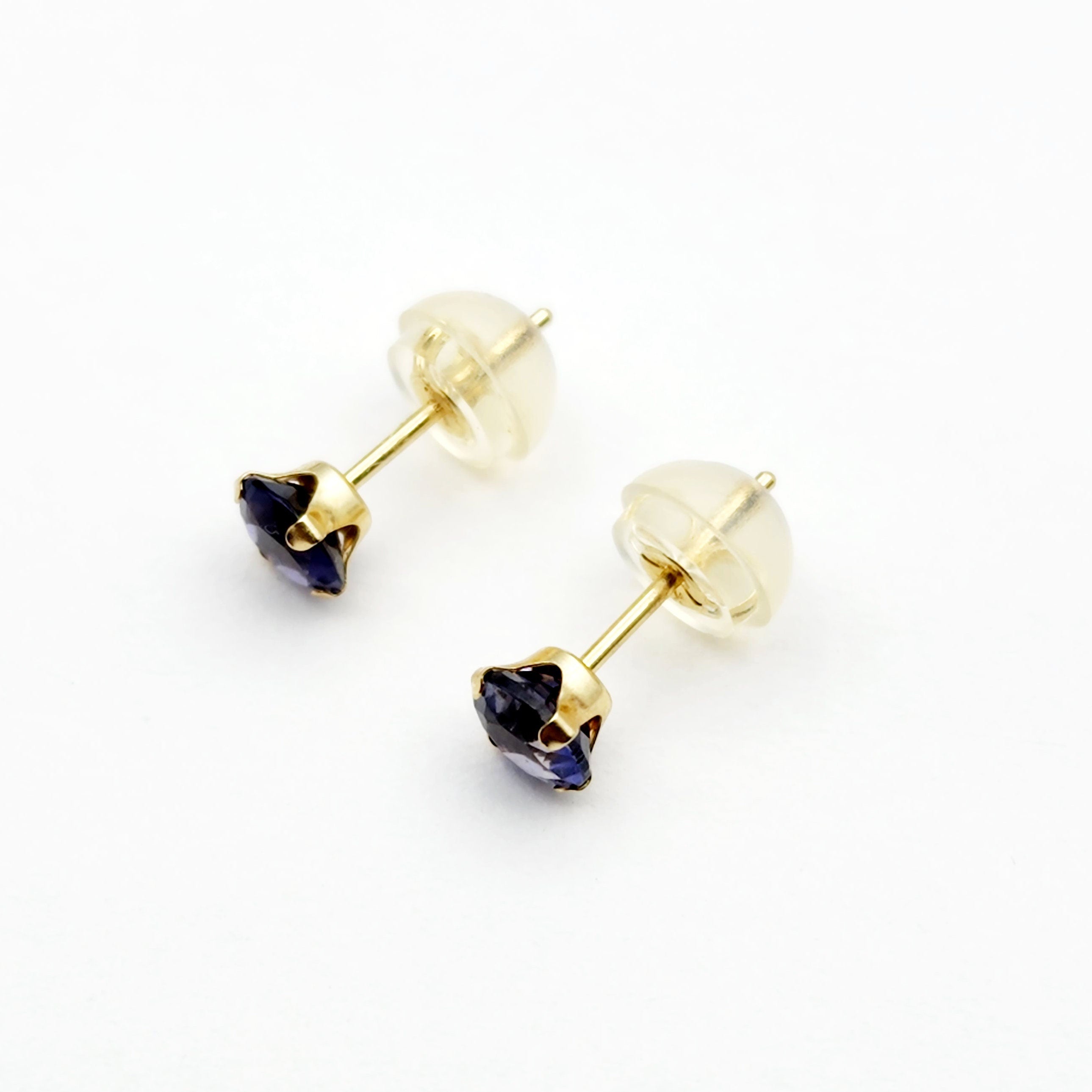 Gold Iolite Stud Earrings,  14K Yellow Gold Iolite 4x4mm Stud Earrings, Handmade Earrings, Blue Gemstone Earrings For Her