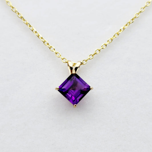 Gold Amethyst Pendant Necklace , 10K Yellow Gold Genuine Amethyst 6x6mm Pendant, February Birthstone, Handmade Pendant, Purple Pendant
