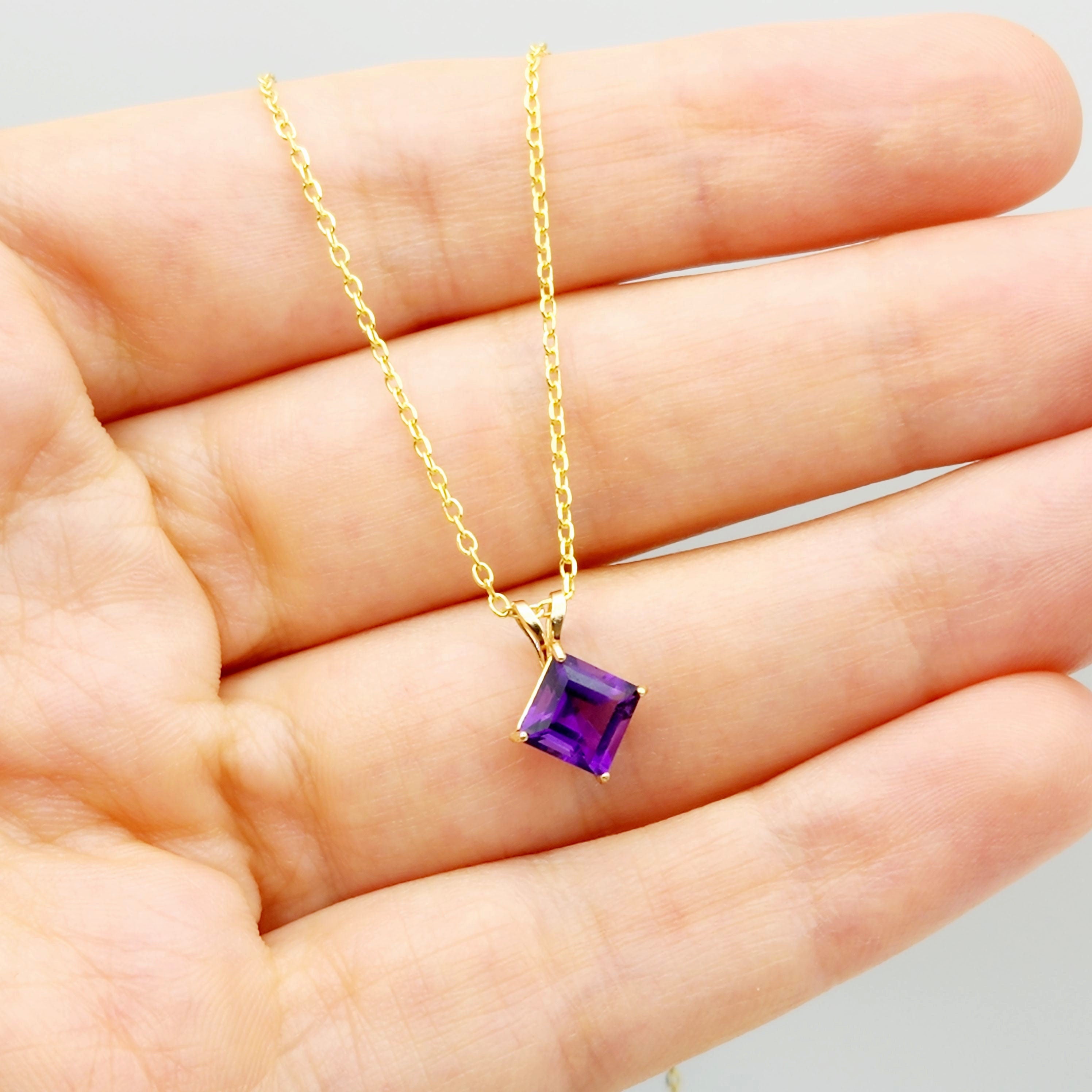 Gold Amethyst Pendant Necklace , 10K Yellow Gold Genuine Amethyst 6x6mm Pendant, February Birthstone, Handmade Pendant, Purple Pendant