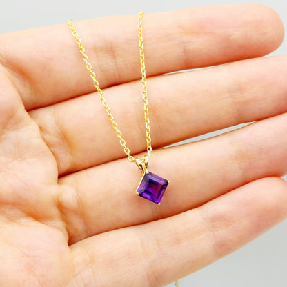 Gold Amethyst Pendant Necklace , 10K Yellow Gold Genuine Amethyst 6x6mm Pendant, February Birthstone, Handmade Pendant, Purple Pendant