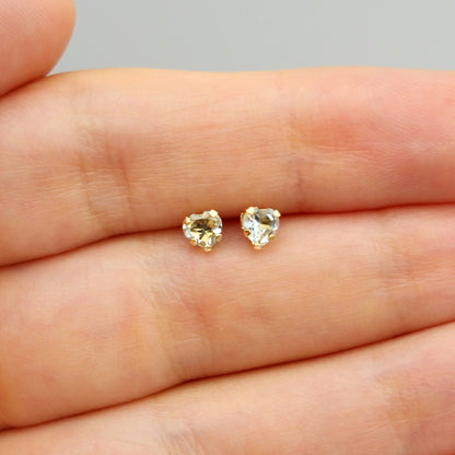 10K Yellow Gold Aquamarine 4x4mm Heart Stud Earrings: March Birthstone