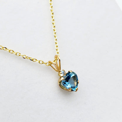 Gold Blue Topaz Pendant Necklace , 10K Yellow Gold Genuine Heart Shaped Blue Topaz 6x6mm with Moonstone Pendant, Handmade Pendant For Her