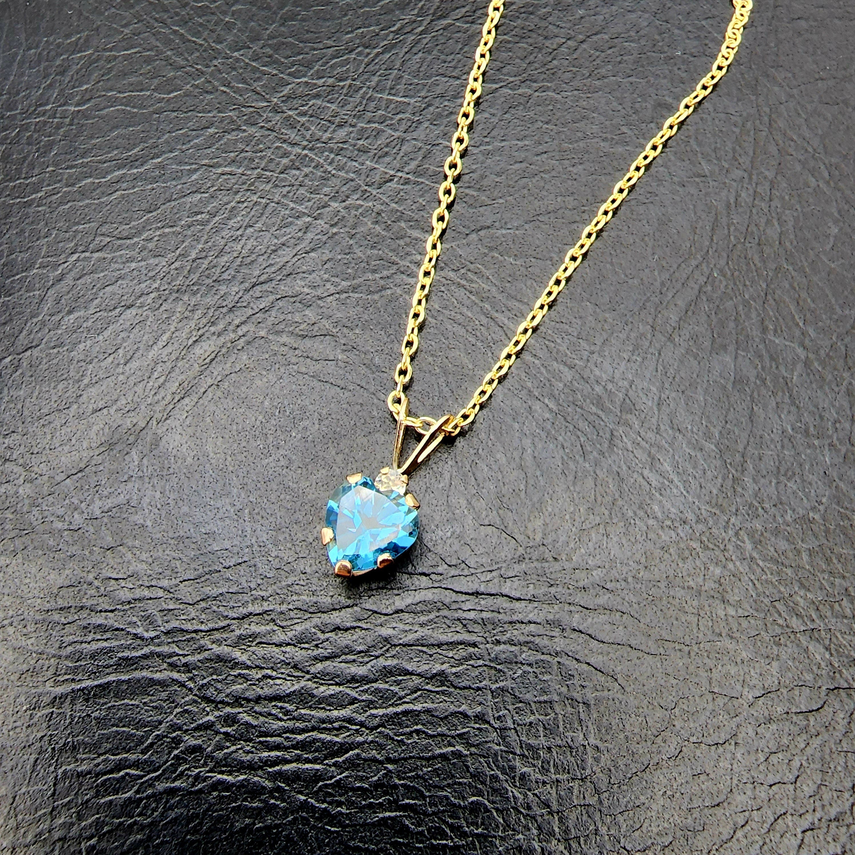 Gold Blue Topaz Pendant Necklace , 10K Yellow Gold Genuine Heart Shaped Blue Topaz 6x6mm with Moonstone Pendant, Handmade Pendant For Her