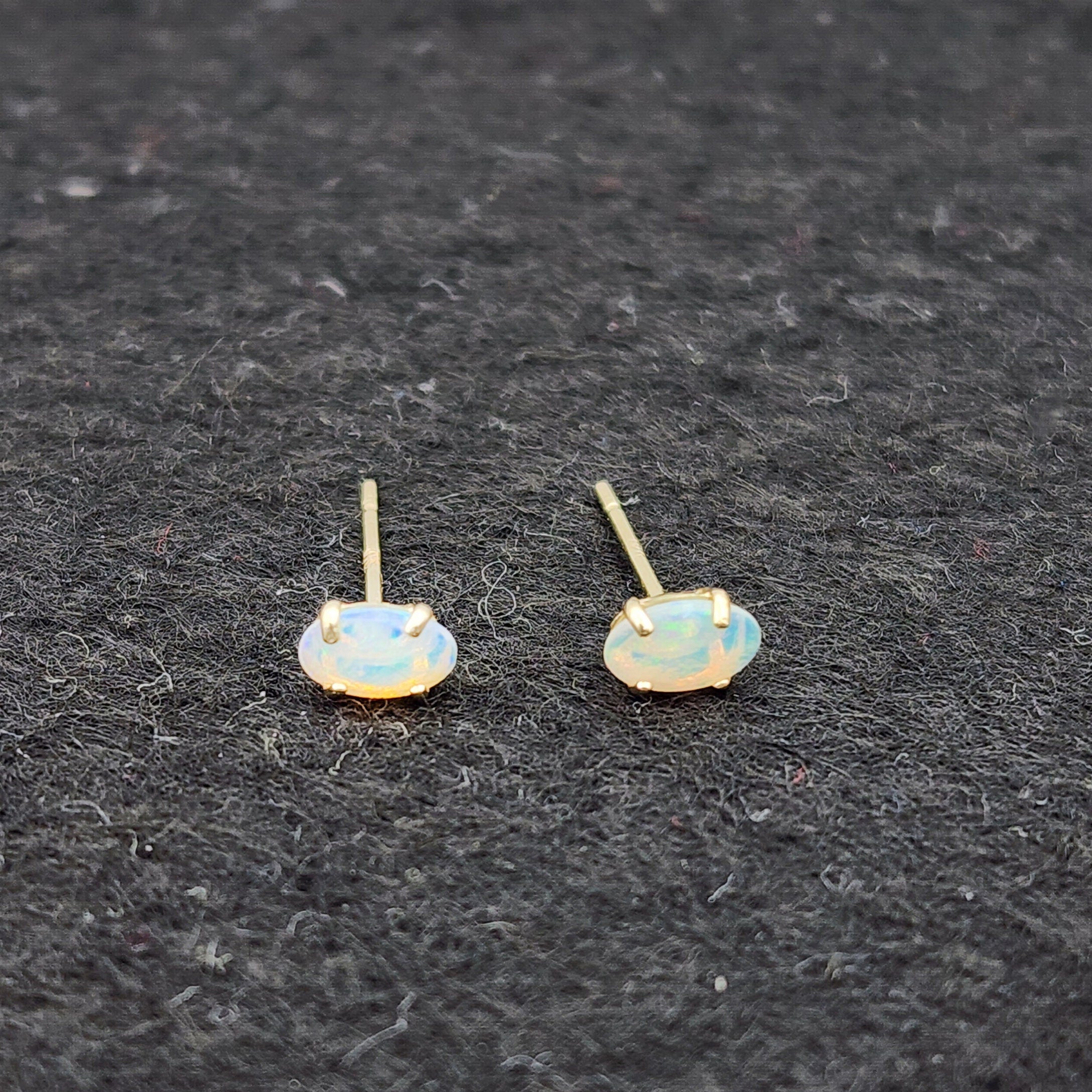 Gold Opal Stud Earrings, 10K Yellow Gold Genuine Opal 5x3mm Stud Earrings, October Birthstone, Opal Earrings,  Handmade Earrings