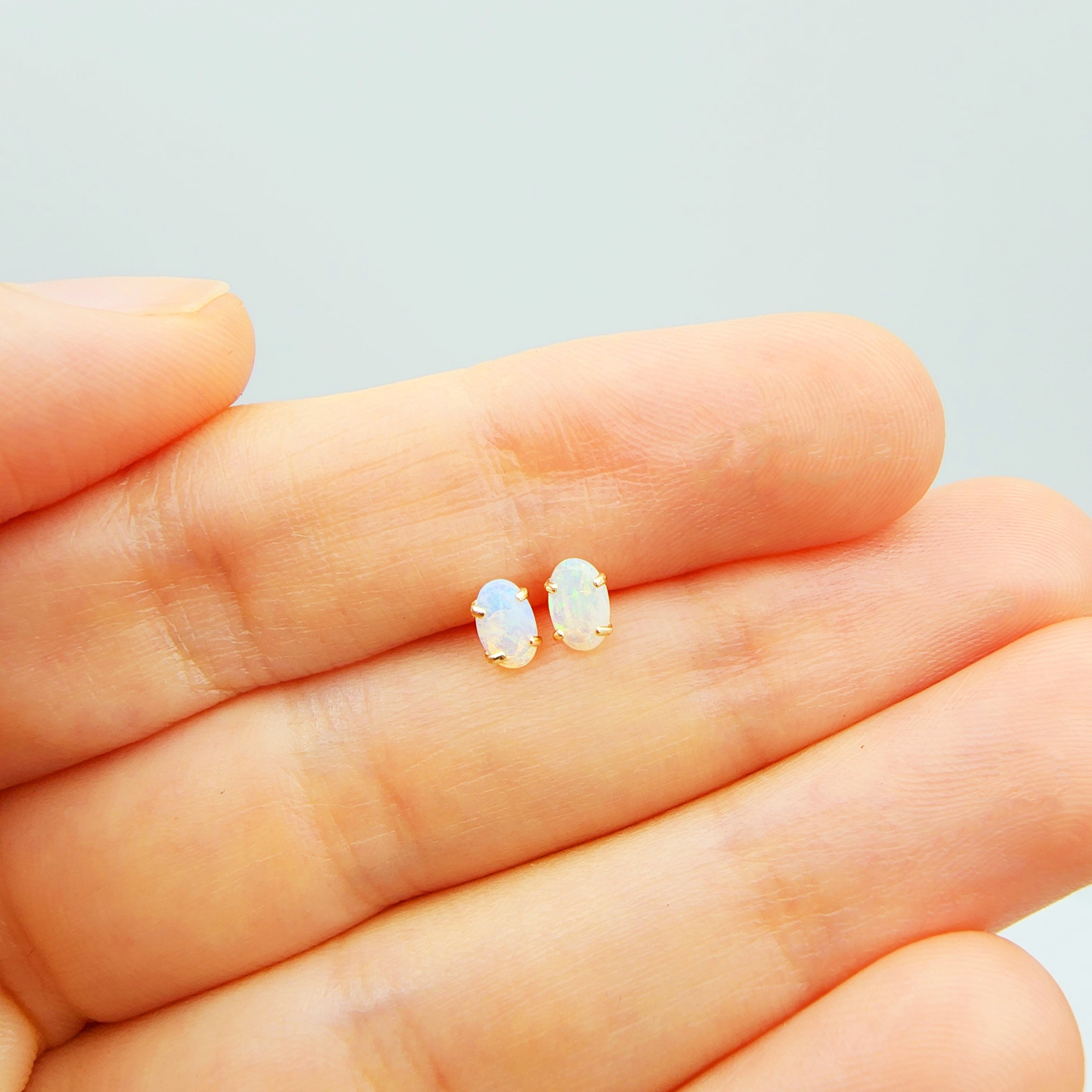 Gold Opal Stud Earrings, 10K Yellow Gold Genuine Opal 5x3mm Stud Earrings, October Birthstone, Opal Earrings,  Handmade Earrings