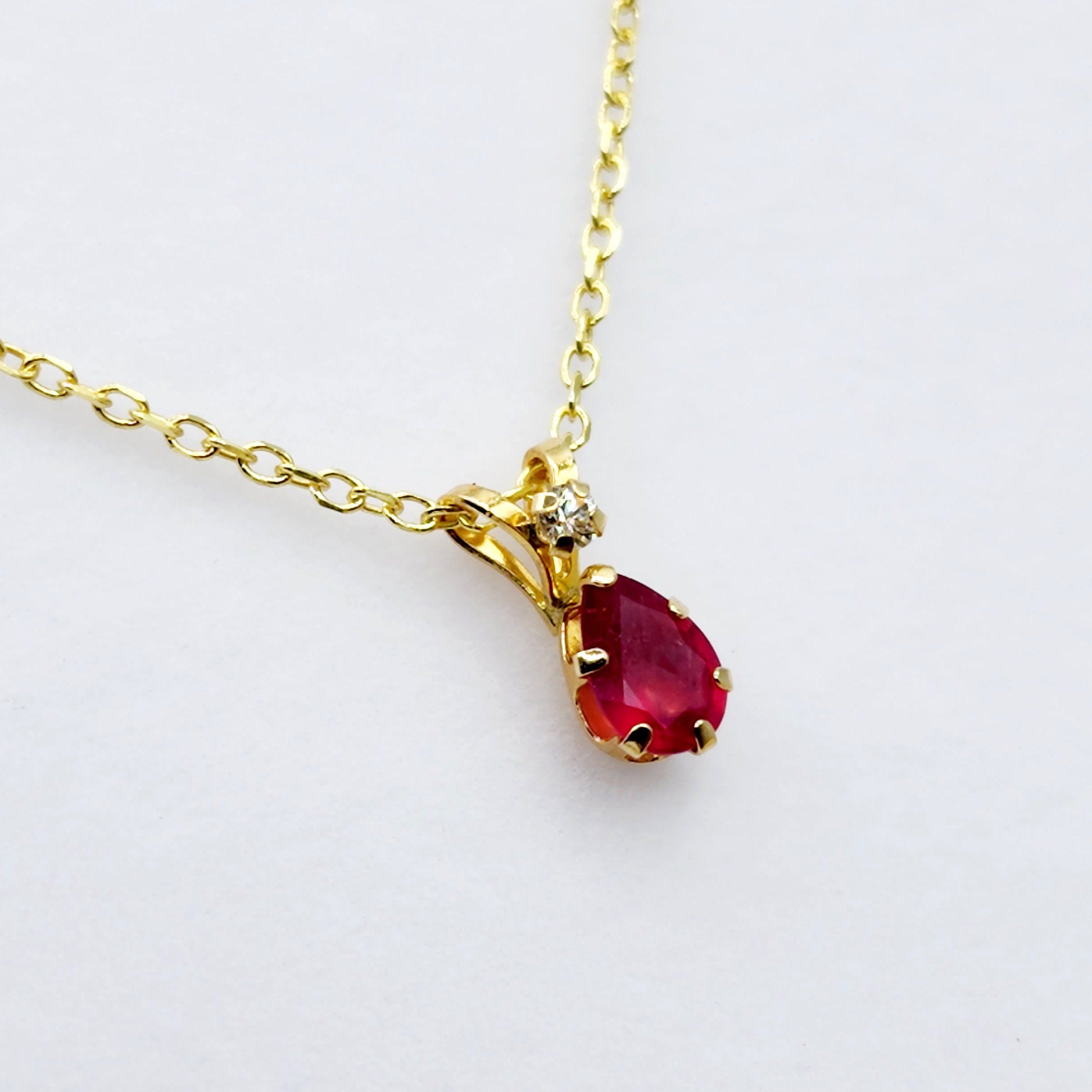 Gold Ruby Pendant Necklace, 10K Yellow Gold Tear drop Ruby 6x4mm Pendant, July Birthstone, Gift For Her