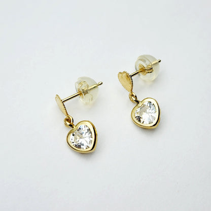 Gold CZ Earrings, 14K Yellow Gold Cubic Zirconia Earrings, Earrings For Her, Heart Shaped Gold CZ Earrings, Earrings For Baby