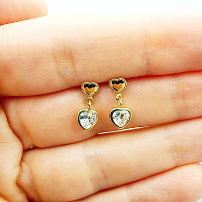 Gold CZ Earrings, 14K Yellow Gold Cubic Zirconia Earrings, Earrings For Her, Heart Shaped Gold CZ Earrings, Earrings For Baby