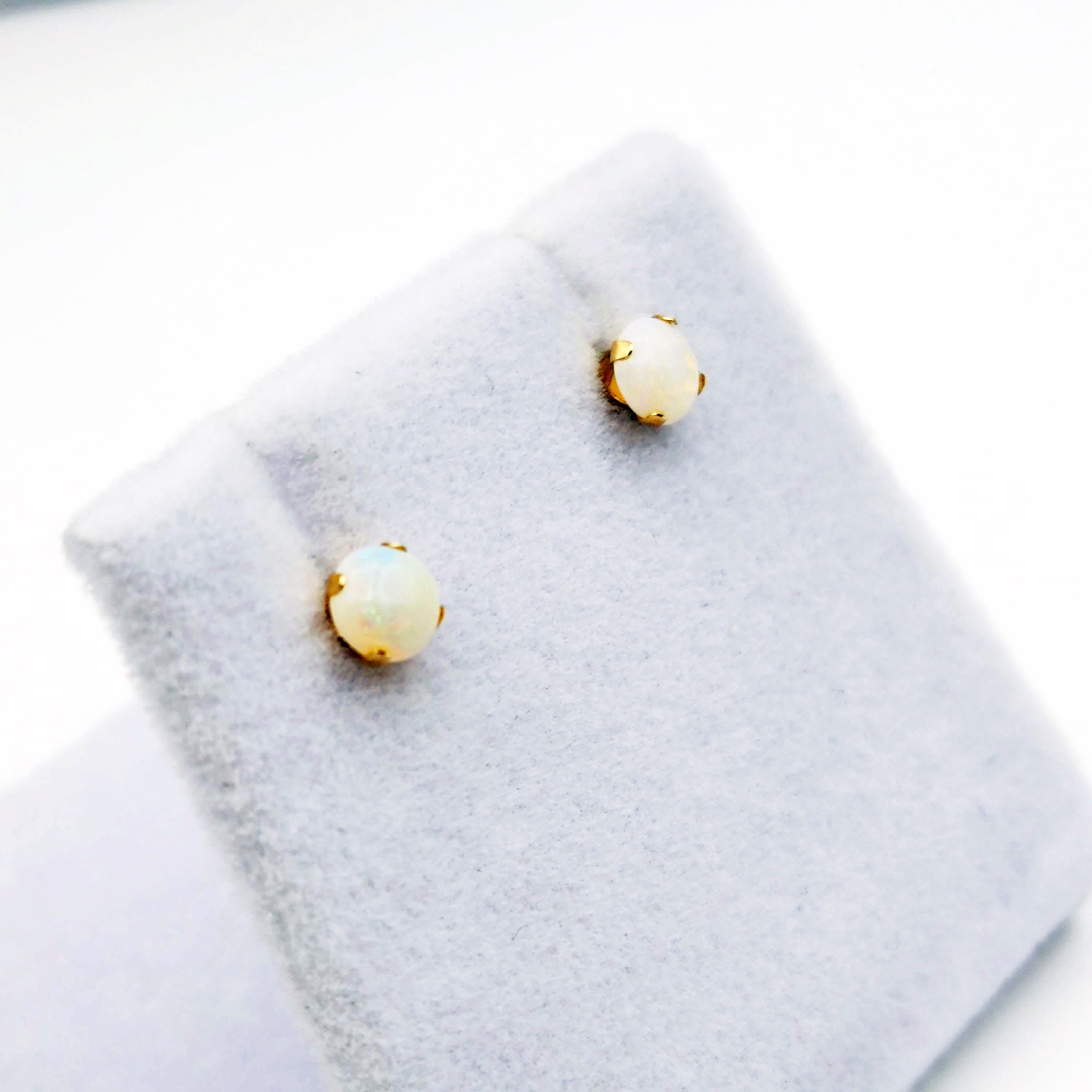 Gold Opal Stud Earrings, 14K Yellow Gold Opal 4x4mm Stud Earrings, October Birthstone, Opal Earrings,  Handmade Earrings