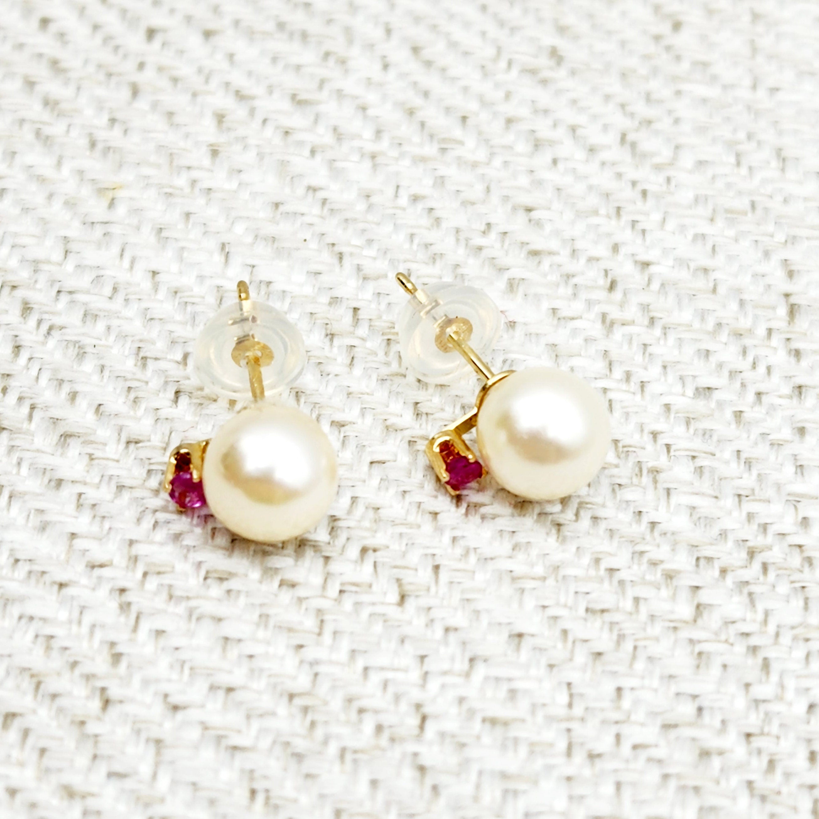 Gold Pearl and Ruby Stud Earrings , 14K Yellow Gold Genuine Pearl 7.5mm with Ruby Stud Earrings, June Birthstone, Pearl Studs For Brides