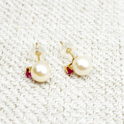 Gold Pearl and Ruby Stud Earrings , 14K Yellow Gold Genuine Pearl 7.5mm with Ruby Stud Earrings, June Birthstone, Pearl Studs For Brides