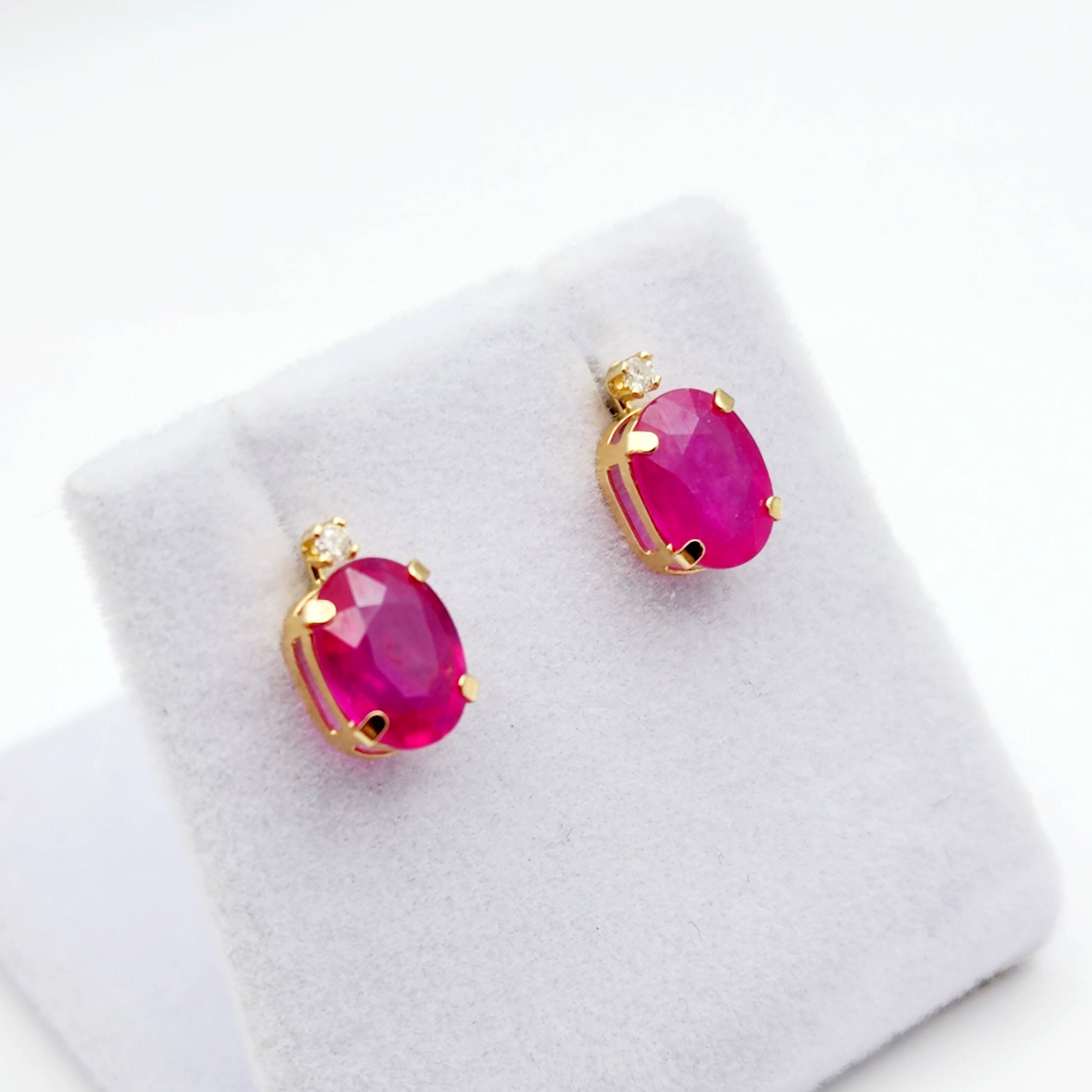 Gold Ruby Stud Earrings , 10K Yellow Gold Oval Ruby 8x6mm with Diamond Stud Earrings, July Birthstone, Big Gemstone Earrings For Women