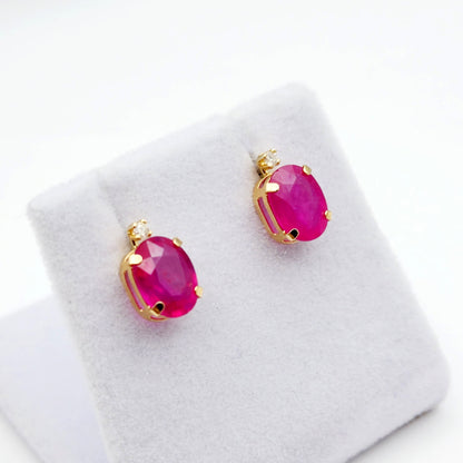 Gold Ruby Stud Earrings , 10K Yellow Gold Oval Ruby 8x6mm with Diamond Stud Earrings, July Birthstone, Big Gemstone Earrings For Women