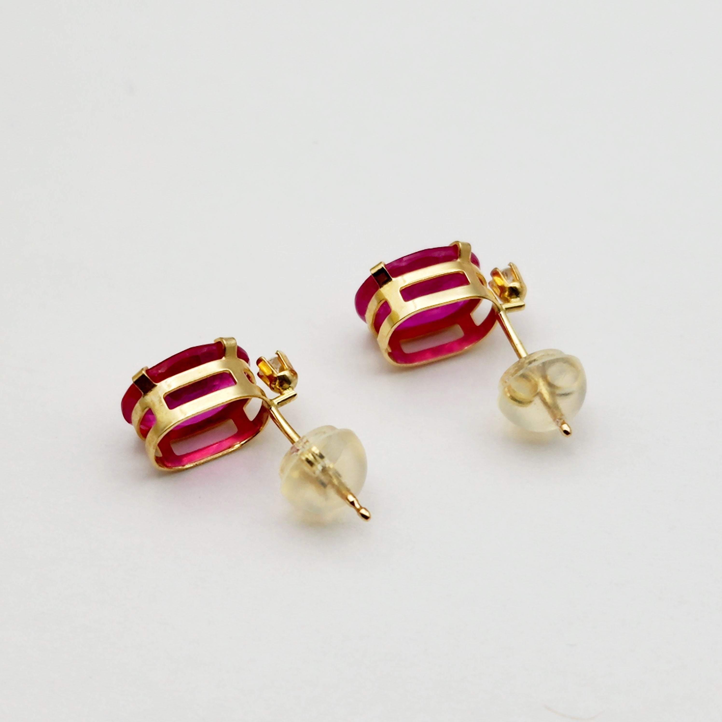 Gold Ruby Stud Earrings , 10K Yellow Gold Oval Ruby 8x6mm with Diamond Stud Earrings, July Birthstone, Big Gemstone Earrings For Women