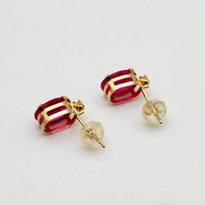Gold Ruby Stud Earrings , 10K Yellow Gold Oval Ruby 8x6mm with Diamond Stud Earrings, July Birthstone, Big Gemstone Earrings For Women