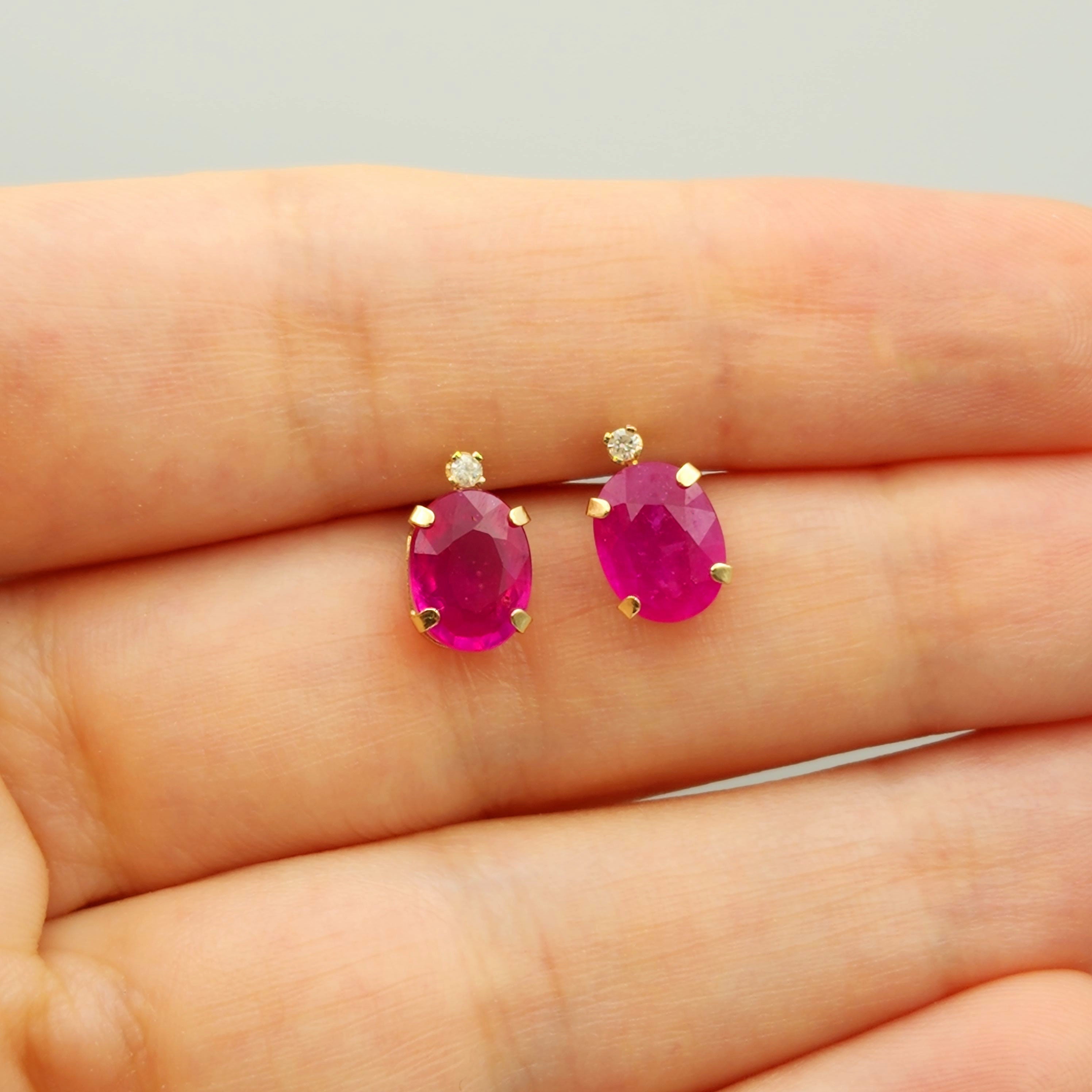 Gold Ruby Stud Earrings , 10K Yellow Gold Oval Ruby 8x6mm with Diamond Stud Earrings, July Birthstone, Big Gemstone Earrings For Women